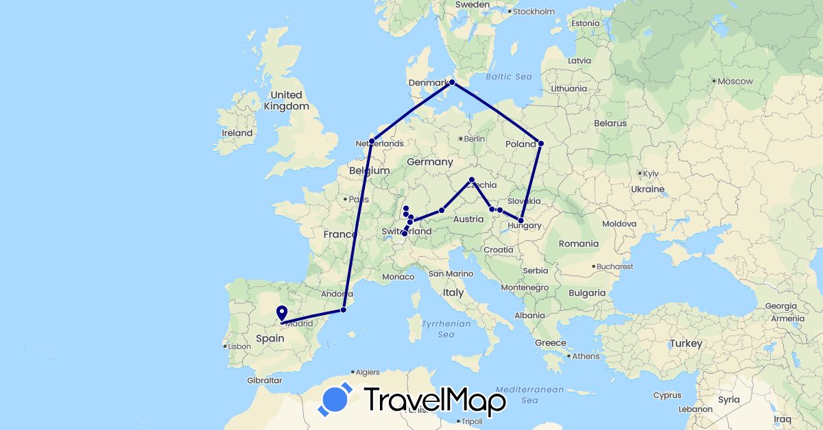 TravelMap itinerary: driving in Austria, Switzerland, Czech Republic, Germany, Denmark, Spain, Hungary, Netherlands, Poland, Slovakia (Europe)
